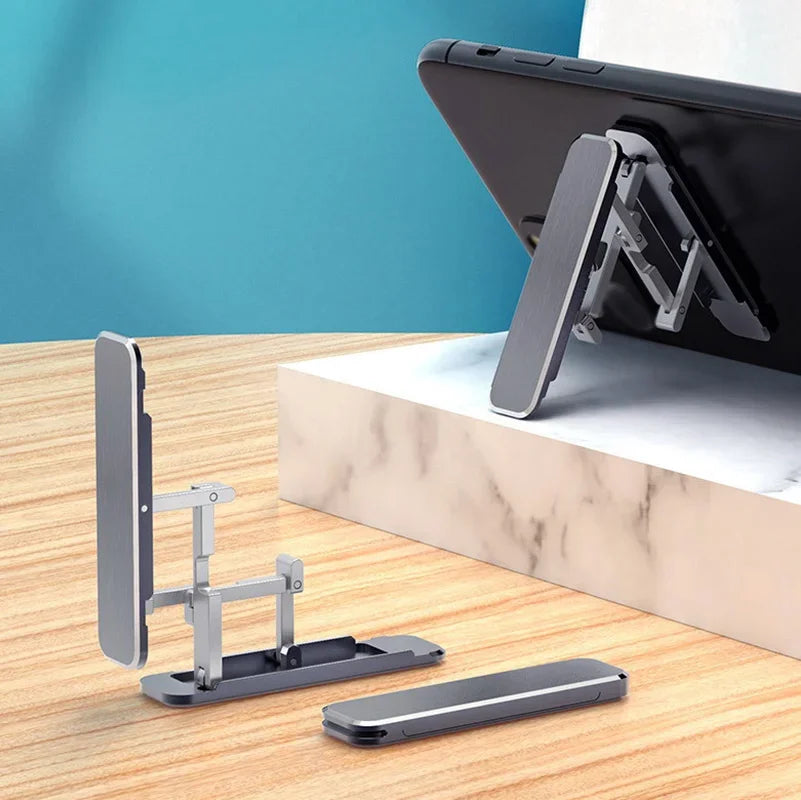 Universal Metal Phone and Tablet Holder - Foldable Desktop Stand for iPad and Mobile Devices