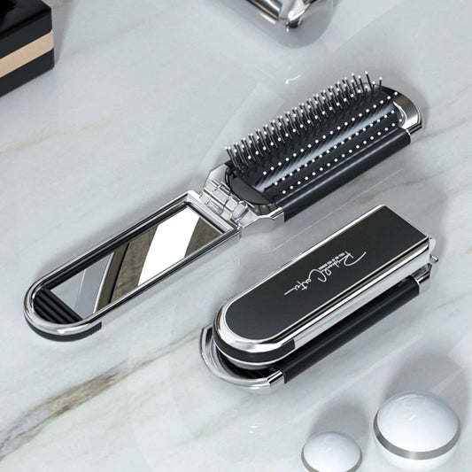 Portable Mini Hair Brush with Folding Design and Mirror - Anti-Static Massage Comb for Travel