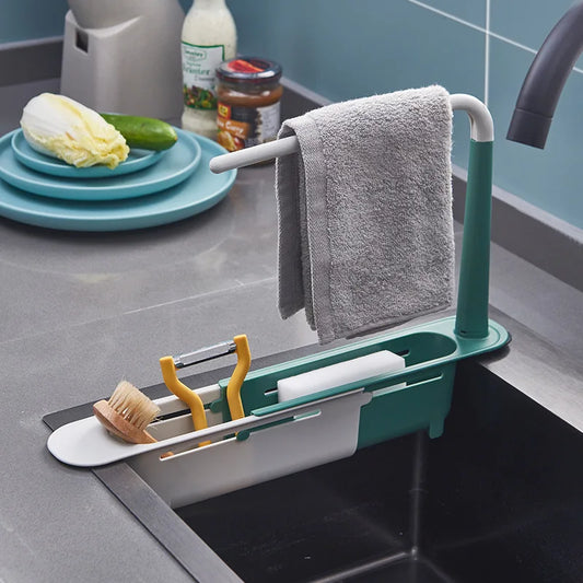 Telescopic Kitchen Sink Organizer: Soap and Sponge Holder with Draining Rack Storage Basket